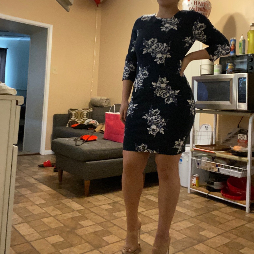 Blue mid long sleeve body con dress
